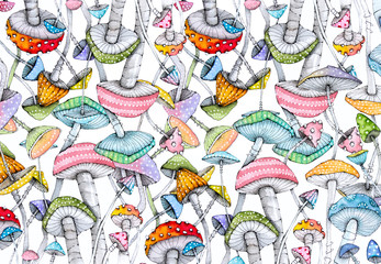 Illustration multi colored magic mushrooms made in watercolor and pen on a white background