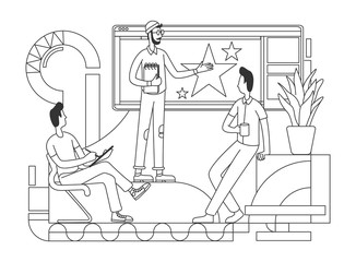 Project presentation thin line vector illustration. Executive manager, team leader outline characters on white background. Business conference, employees meeting simple style drawing