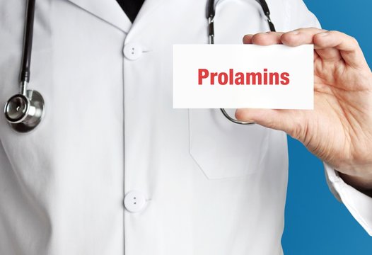 Prolamins. Doctor in smock holds up business card. The term Prolamins is in the sign. Symbol of disease, health, medicine