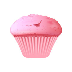 Pink cupcake realistic vector illustration. Sugary pastry, delicious dessert. Confectionery, sweet stuff. Pink biscuit, homemade muffin in baking cup 3d isolated object on white background