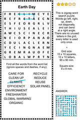 Earth Day celebration themed zigzag word search puzzle (suitable both for kids and adults). Answer included.

