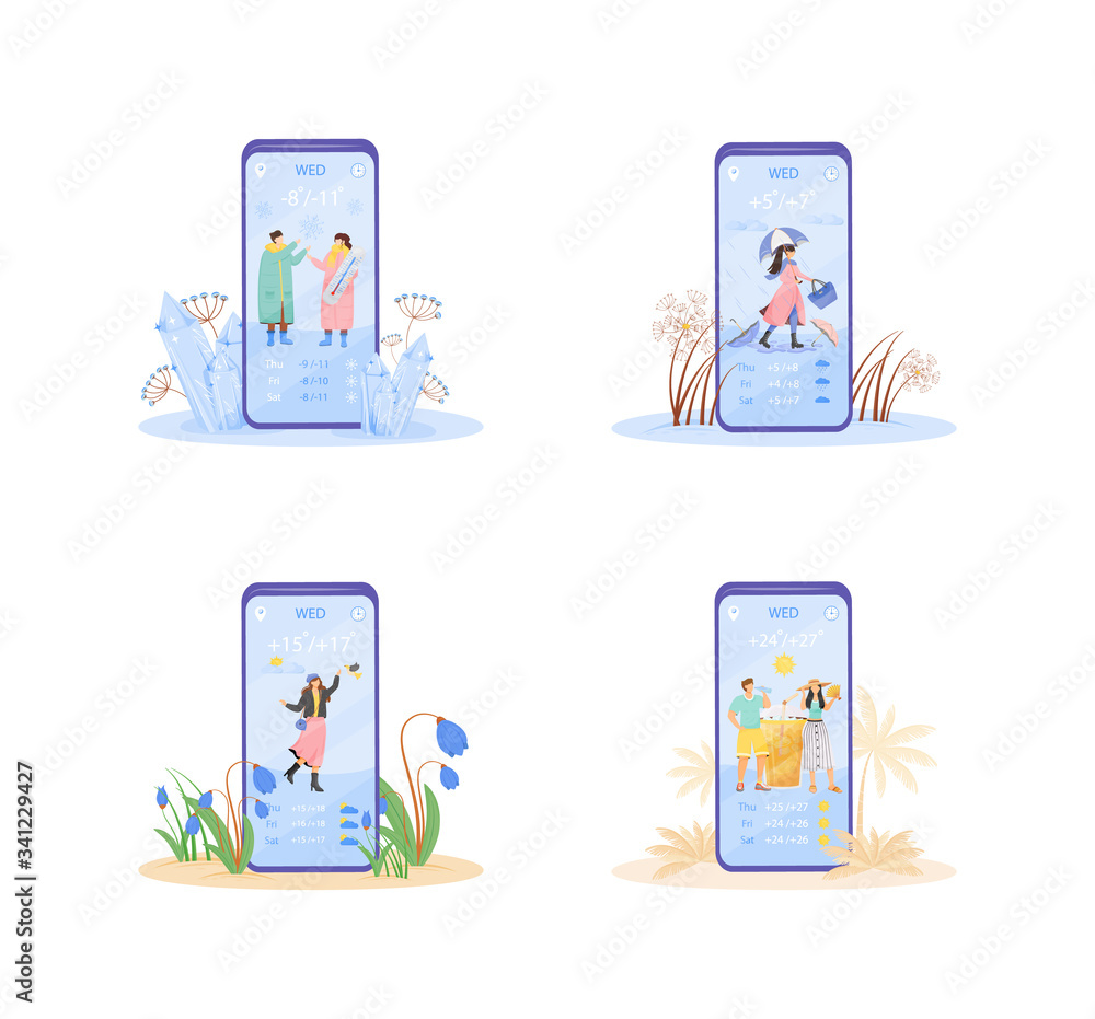 Poster weekly weather forecast cartoon smartphone vector app screen set. mobile phone display with flat cha