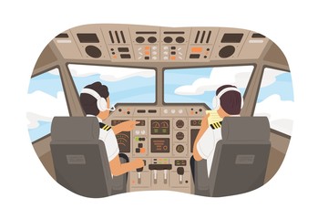 Cartoon male pilot cockpit plane with control board vector graphic illustration. Back view airplane captain command of aircraft. Two aviation crew worker at cabin during flight in sky © Good Studio