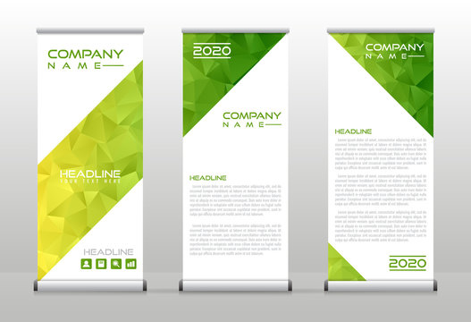 Vector business abstract set template. Roll up banner stand colorful design layout with green polygon.