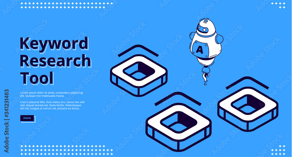 Poster keyword research tool banner with isometric icons on blue background. vector landing page of seo opt