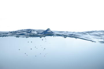 Water splash. Aqua flowing in waves and creating bubbles. Drops on the water surface feel fresh and clean. isolated on white background.