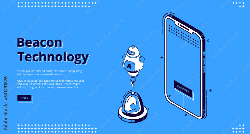 Poster beacon technology isometric landing page. robot near smartphone, internet of things, communication n