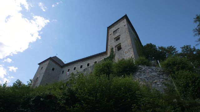 Ruins of castle Kostel with belltower in Kolpa river valley, Slovenia