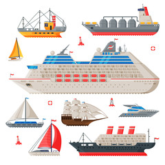 Fototapeta premium Water Transport Collection, Fishing Boat, Cruise Liner, Sailboat, Vintage Sailing Ship, Motorboat, Sea or Ocean Transportation Vector Illustration