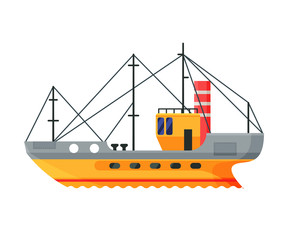 Fishing Boats, Commercial Fishing Trawler, Industrial Seafood Production, Water Transport, Sea or Ocean Transportation Vector Illustration