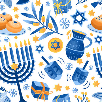 Cartoon decorative elements of Jewish holiday Hanukkah seamless pattern