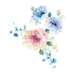 Flowers watercolor illustration.Manual composition.Big Set watercolor elements.