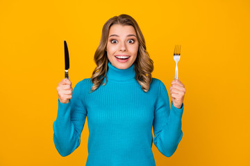 Photo of attractive charming wavy lady hold metal knife fork ready to start tasty food dinner meal...