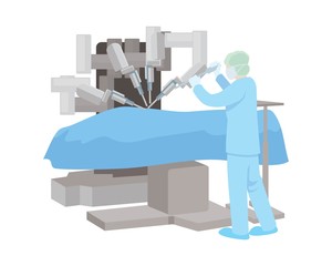 Robotic surgery or computer assisted operation concept. Liver Operation on Screen. Robot in Remote Medicine. Doctors Use Industrial AI. Futuristic Medicine Clinic. vector illustration isolated cartoon