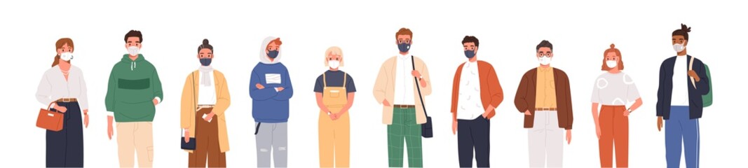 Different people wearing face masks isolated on white background. Man and women in respirators. Protection from coronavirus outbreak, pandemic prevention. Vector illustration in flat cartoon style