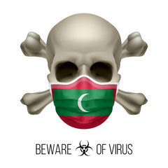 Human Skull with Crossbones and Surgical Mask in the Color of National Flag Maldives. Mask in Form of the Maldivian Flag and Skull as Concept of Dire Warning that the Viral Disease Can be Fatal