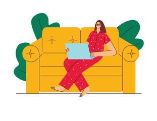 Colored vector illustration flat style. A woman works from home on self-isolation. Girl in pajamas is sitting on a sofa with a laptop. Girl works during quarantine