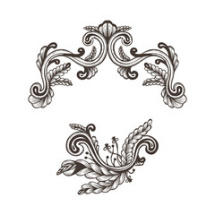 Hand Drawn Vintage damask ornamental elements for design. Baroque frame scroll ornament. Elegant abstract floral pattern border in antique style. Decorative foliage swirl edging.
