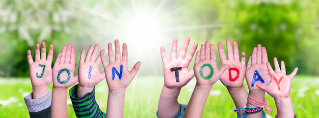 Children Hands Building Colorful English Word Join Today. Sunny Green Grass Meadow As Background