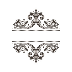 Hand Drawn Vintage damask ornamental elements for design. Baroque frame scroll ornament. Elegant abstract floral pattern border in antique style. Decorative foliage swirl edging.
