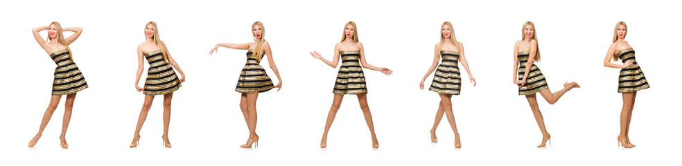 Beautiful girl in gold and black dress isolated on white