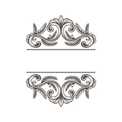 Hand Drawn Vintage damask ornamental elements for design. Baroque frame scroll ornament. Elegant abstract floral pattern border in antique style. Decorative foliage swirl edging.

