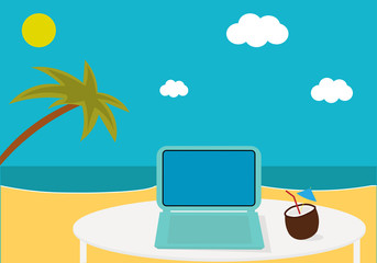 Obraz na płótnie Canvas Freelance. Working space on the tropical island with laptop and cocktail
