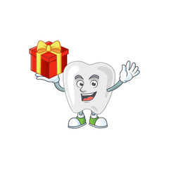 Charming teeth mascot design has a red box of gift