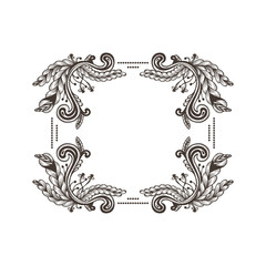 Hand Drawn Vintage damask ornamental elements for design. Baroque frame scroll ornament. Elegant abstract floral pattern border in antique style. Decorative foliage swirl edging.
