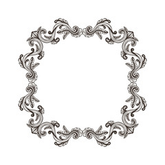 Hand Drawn Vintage damask ornamental elements for design. Baroque frame scroll ornament. Elegant abstract floral pattern border in antique style. Decorative foliage swirl edging.
