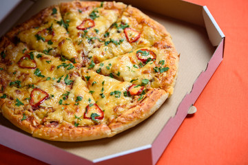 Pizza in the in delivery box you can put your writing on the box.