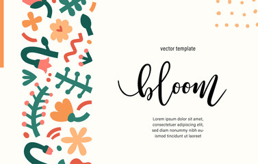 Contemporary floral template presentation cover or card, abstract scribble shapes and dots, bold doodle flower ornament, trendy background with copy space, design for invitation, certificate