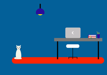 Freelancer workspace with laptop, books, pens and cat. Vector Illustration.