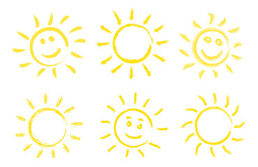 Set of hand drawn sun icons on white background.