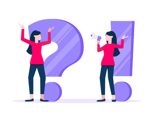 Q and A concept with tiny woman people with big question, exclamation mark, frequently asked questions concept. Question answer business support web page flat style design vector illustration.