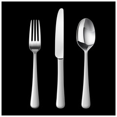 Set cutlery of fork, spoon. Hight realistic vector illustration on black background. Ready for your design. EPS10.	
