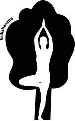 Yoga pose tree. Silhouette of asana Vrikshasana. Black on white background