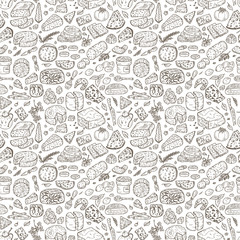 Hand Drawn Doodle various types of cheese: roquefort, parmesan, goat cheese, mozzarella, smoked gouda, blue cheese. Vector Seamless pattern.
