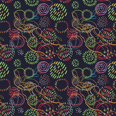 Vector modern seamless background with colorful hand drawn abstract round elements, doodles. Use it for wallpaper, textile print, pattern fills, web, texture, wrapping paper, design presentation