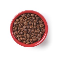 Bowl with roasted coffee beans isolated on white. 