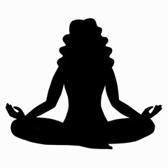 Girl with wavy hair is sitting on the floor in lotus position. A woman practices yoga, meditates, relaxes. Black silhouette. Stock vector illustration isolated on white background.