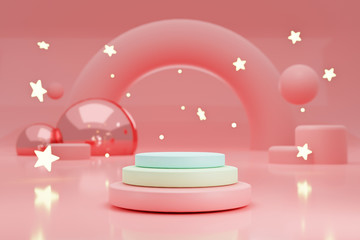 Blank colorful cylinder podium 3 step on pink background, showcase for product. 3D render