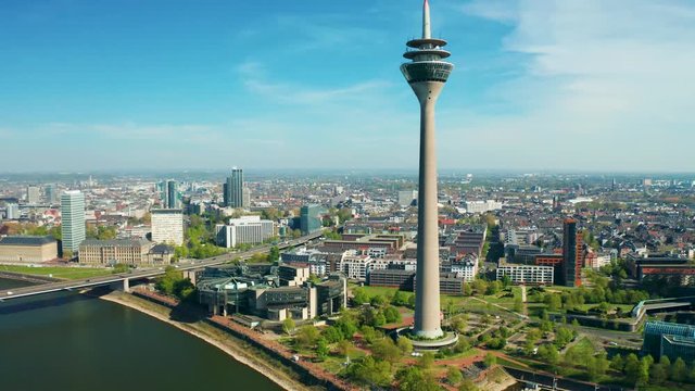 Düsseldorf Germany during spring aerial footage