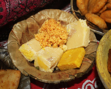 kajuKatli, barfi,milkcake mix Indian Sweets served in disposable plate