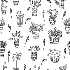 Vector seamless pattern with houseplants in pots decorated with ornaments on white background. Great for fabrics, wrapping papers, wallpapers, covers. Hand drawn illustration in doodle style black ink
