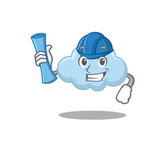 Obraz premium Cartoon character of blue cloud brainy Architect with blue prints and blue helmet