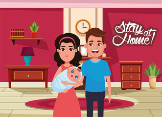 stay at home campaign with parents lifting baby