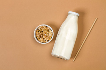 Leche con nueces dentro de un cuenco sobre un fondo marrón liso y aislado. Vista superior y de cerca. Copy space
