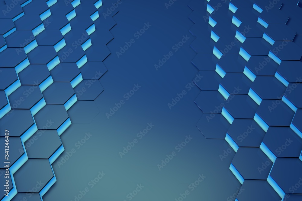 Poster glowing blue hexagon pattern background. 3d rendering
