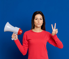 Brunette young woman wearing a red T-shirt